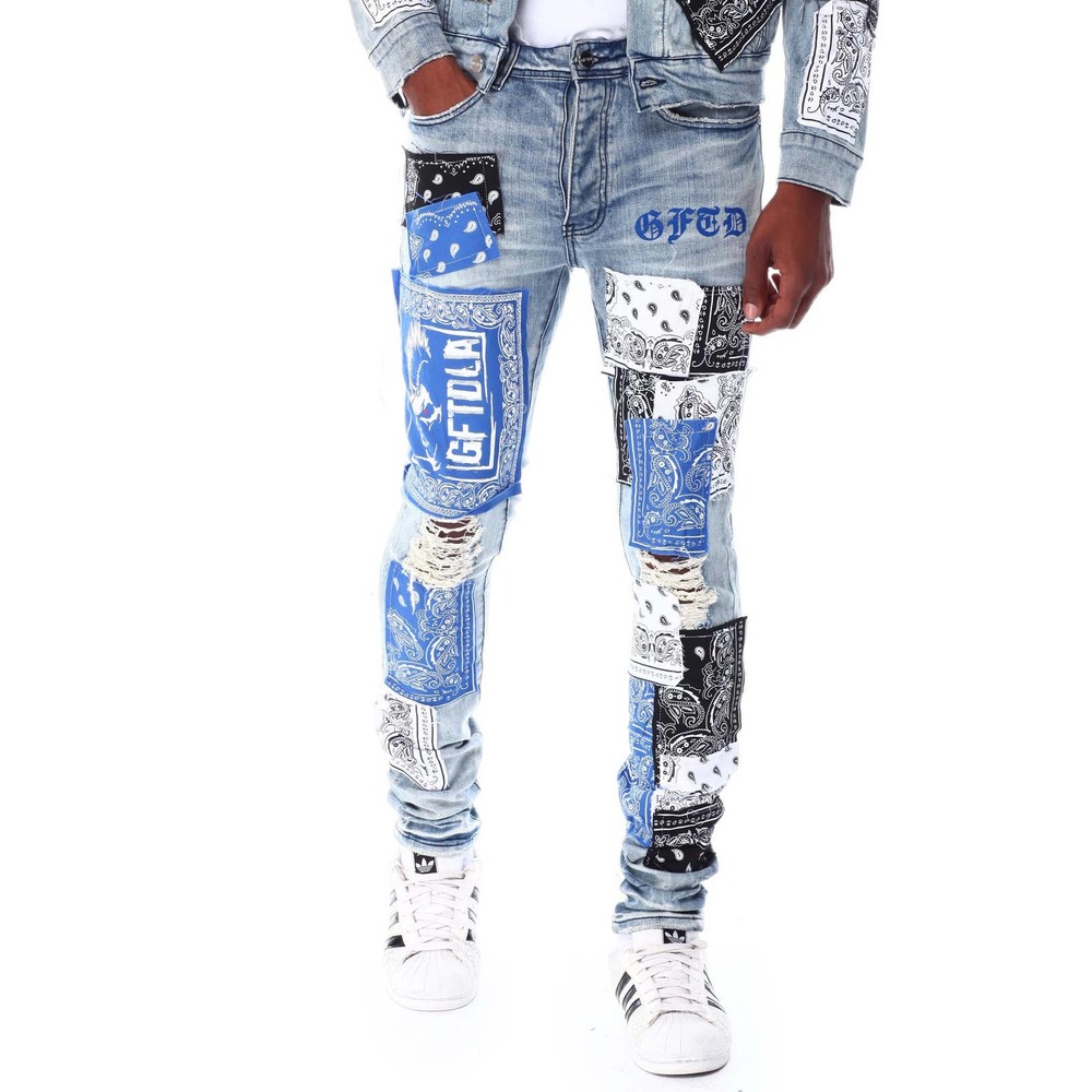 GFTD LA Los Angeles Men's Adrian Skinny Fit Paisley Panel Distress Ripped Jeans